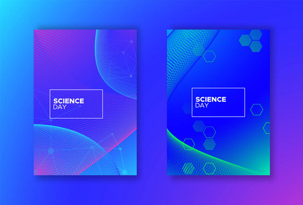 科学日摘要背景集。 蓝色和粉红色梯度背景与几何形状的科学研究概念。