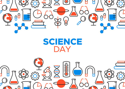科学日卡片插图。 用于科学研究庆祝活动的蓝色轮廓图标。 包括显微镜化学瓶和教育工具。