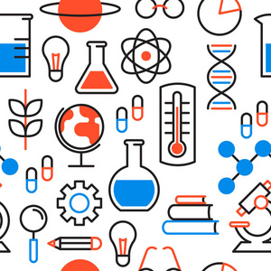 科学无缝图案背景与轮廓图标的科学研究概念。 包括显微镜化学瓶和教育工具。