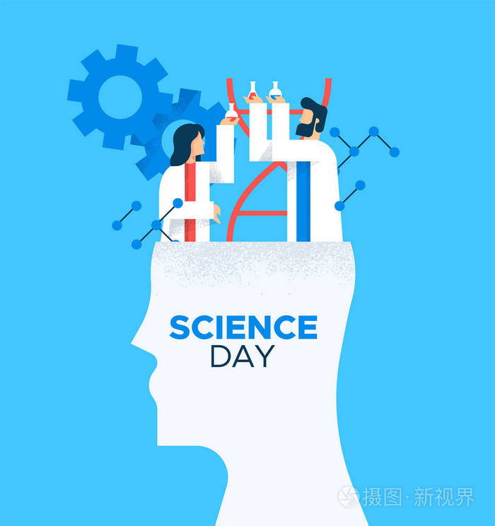 世界科学日卡插图男女科学家在现代平面卡通风格为科学教育理念.