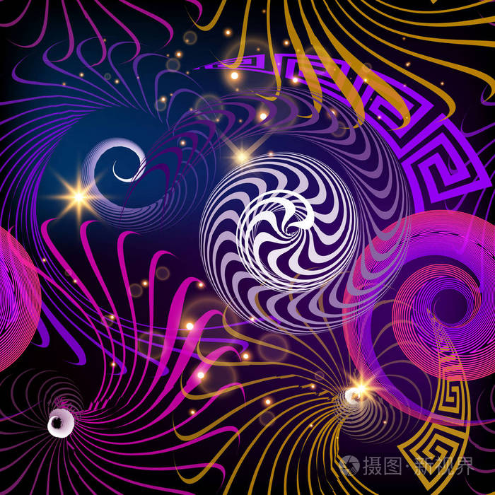 几何幻想希腊矢量无缝图案. 现代抽象的彩色发光背景.