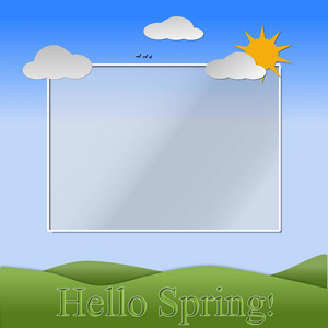 群山天空太阳花和云，用文字描绘了春天的景象，你好，春天。