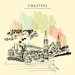 s Cathedral, Singapore. Travel hand drawn postcard or poster wit