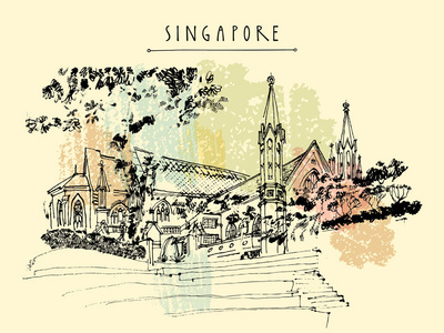 s Cathedral, Singapore. Travel hand drawn postcard or poster wit