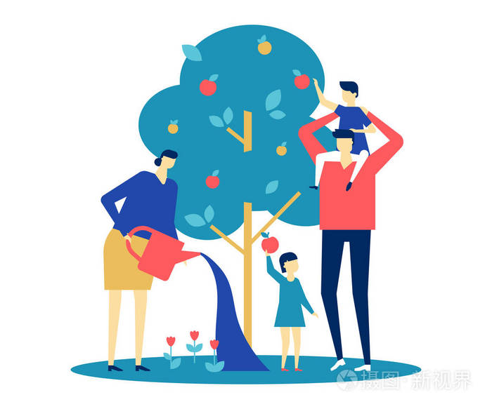 插画 幸福家庭平面设计风格彩色插图白色背景.