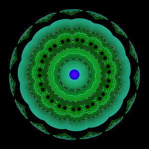 照亮五颜六色的曼陀罗图案。 霓虹灯模糊线条艺术巫术抽象花饰。 花卉矢量背景。 几何形状径向线半色调。 模糊的绿色曼陀罗设计。
