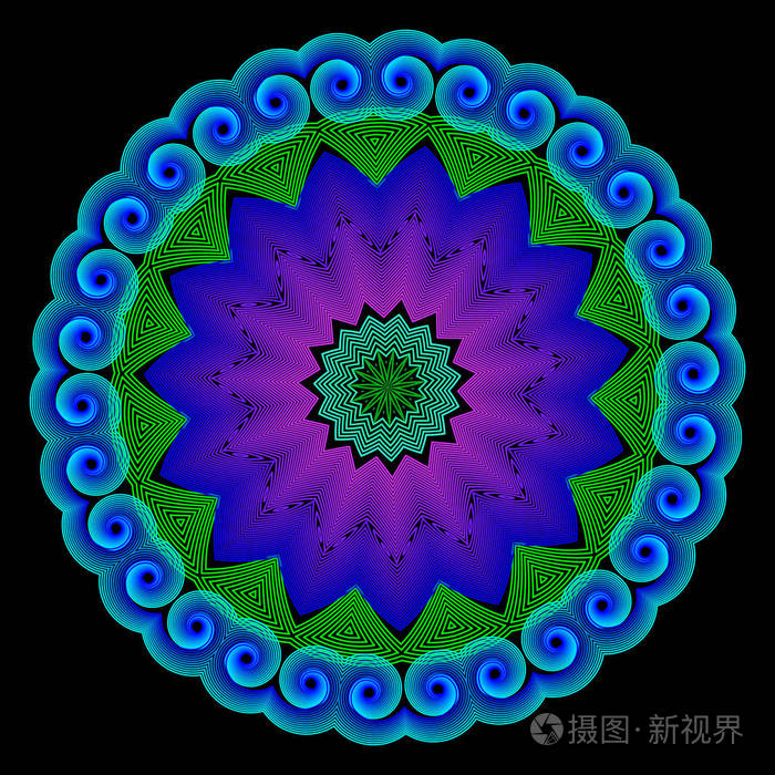 照亮五颜六色的花曼达拉图案. 霓虹灯模糊线条艺术巫术抽象花饰.