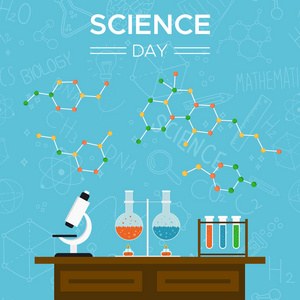 科学日贺卡插图学校课桌与科学工具的教育理念。