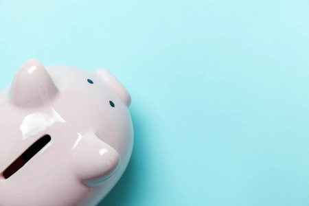 储蓄投资预算财富退休金融货币银行理念。 粉红色的储蓄罐隔离在蓝色的粉彩色的时髦背景上。 平躺顶视复印空间