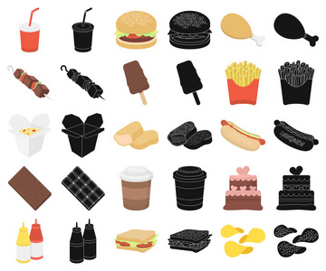 快餐卡通, 黑色图标集设计。食品从半成品向量标志股票网例证
