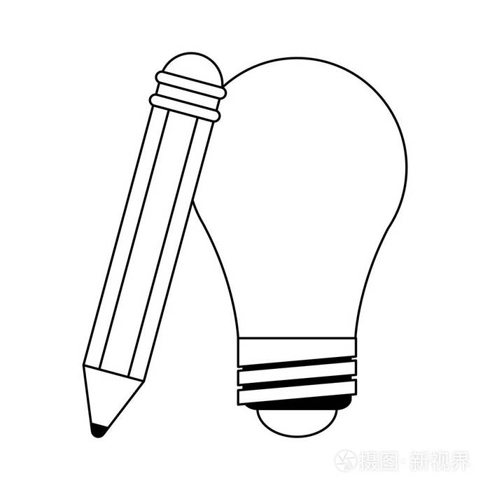大的想法灯泡灯和铅笔符号黑色和白色