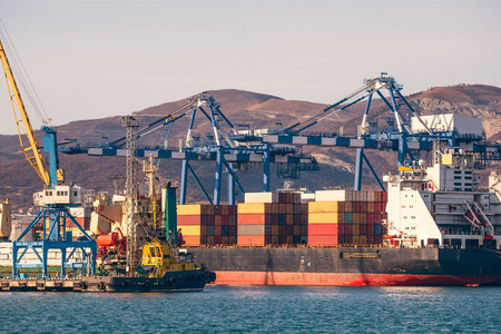 集装箱在工业海港的货运船舶航运和物流, 起重机和其他特殊设备, 国际商业交付概念