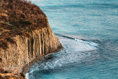 岩石悬崖, 蓝色的海洋和海岸, 美丽的海洋景观, 鸟图