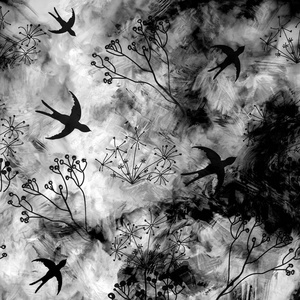 抽象的风景与飞行的燕子在天空