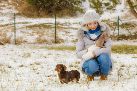 年轻的女人在外面雪地里玩得很开心。 雌性在寒冷的冬天和她的小纯种狗小狗玩耍。
