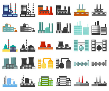 工厂和设施卡通, 黑色图标在集合集合设计。工厂和设备矢量符号股票网插图