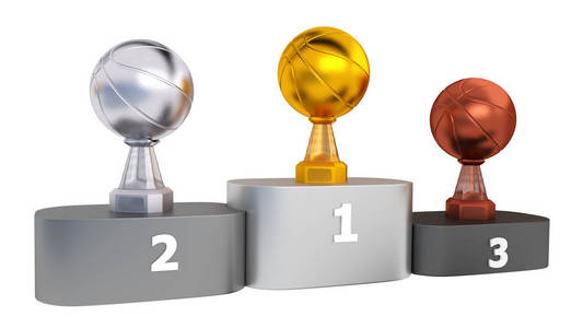 领奖台上有白色背景的篮球金银和青铜奖杯