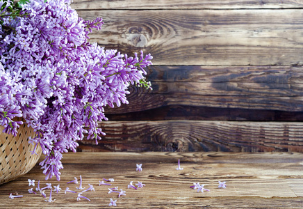 在阳光明媚的天气里，一大束紫色紫丁香树枝的静物碎片放在一张木制桌子上的编织椭圆形篮子里，靠在乡间的一堵旧木墙上。 从上面关闭图像