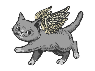 天使飞行小猫颜色素描雕刻向量例证.划痕板式模仿.黑白手绘图像照片