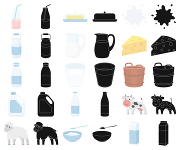牛奶产品动画片, 黑色图标在集合为设计. 牛奶和食物向量标志股票网例证