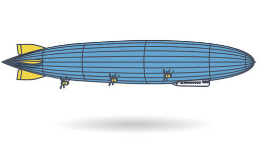 概述了巨大的齐柏林飞艇充满氢。 蓝色黄色风格的飞行气球。 大的可脏的螺旋桨和舵。 长齐柏林飞艇白色背景刚性飞艇。 孤立矢量插图