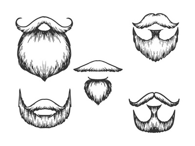 胡子和胡子素描雕刻向量插图。划痕板式模仿。黑白手绘图像