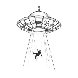绑架肌肉男图ufo 飞碟绑架人素描雕刻向量例证.划痕板式模仿.