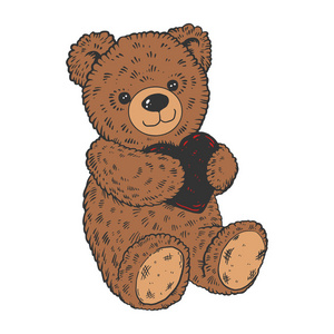 泰迪熊玩具与心脏颜色素描雕刻向量例证.划痕板式模仿.手绘图像照片