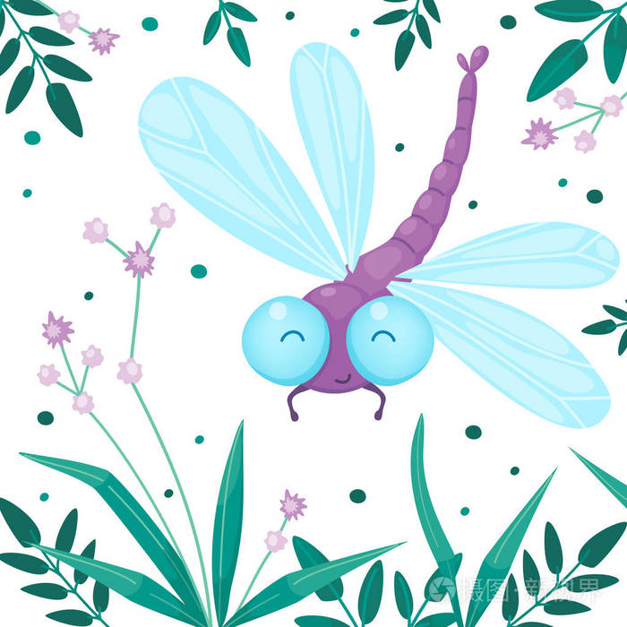 紫蜻蜓草小紫花儿童卡通平面矢量插图