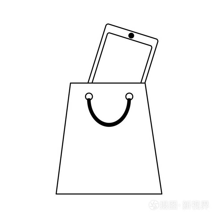 智能手机内购物袋在黑色和白色插画-正版商用图片192zzg-摄图新视界