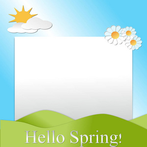 小山，天空，太阳，花和云用文字HelloSpring描绘了春天的一幕。