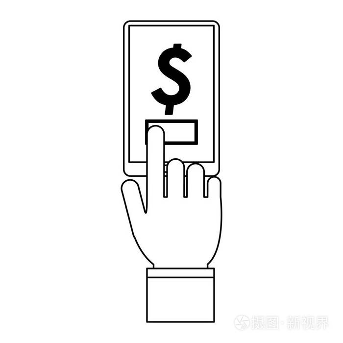在线货币支付与智能手机黑色和白色插画-正版商用图片1930jh-摄图新
