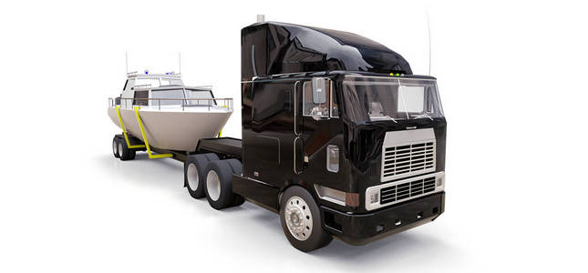 一辆黑色大卡车，有一辆拖车，用于在白色背景上运输一艘船。3D渲染
