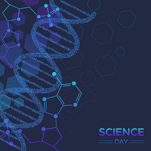 科学日插图抽象DNA链分子背景的生物学和生物化学研究和教育。