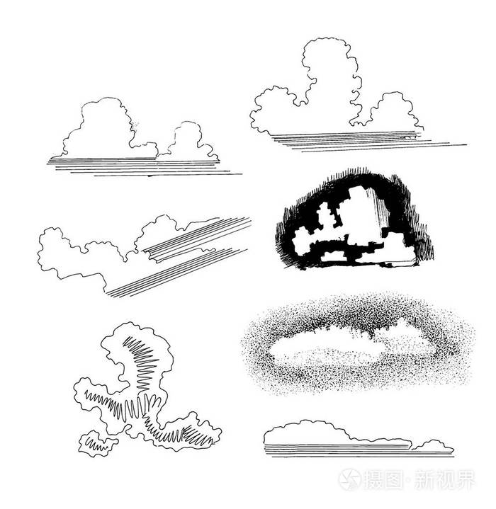 向量抽象云彩例证的手绘的剪影在白色背景