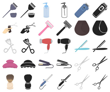美发师和工具卡通, 黑色图标在集合集设计。职业美发师矢量符号股票网站插图