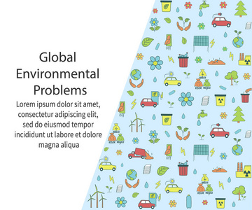 全球环境问题概念。 彩色横幅与手绘符号的生态污染概念。 现代网页设计旗帜