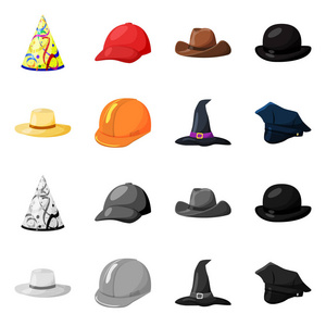 服装和帽子标志的矢量设计。收集的服装和贝雷帽股票符号的网络