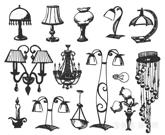设置隔离在白色背景上的灯.在素描风格的矢量图