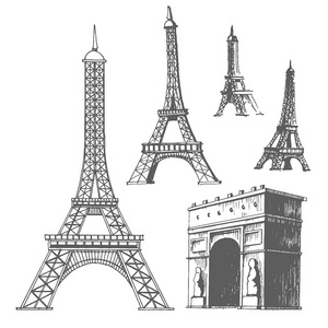 向量手绘的例证巴黎著名大厦剪影在白色背景