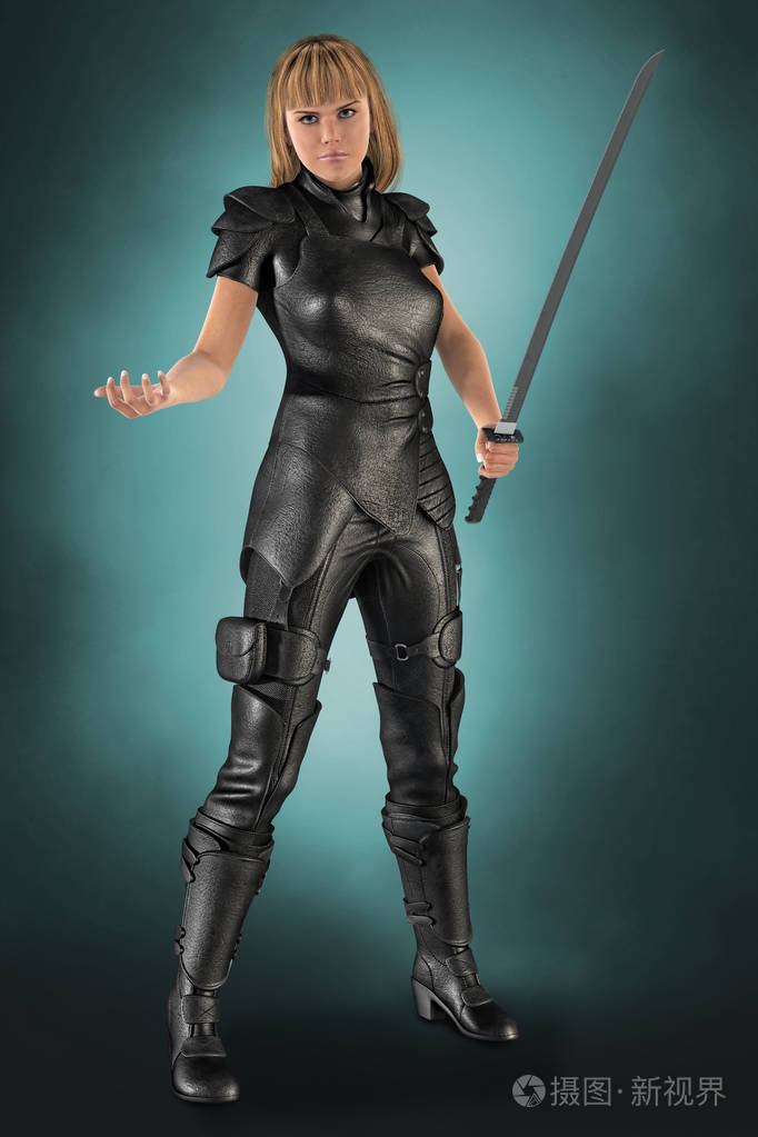 美丽的金发女性科幻风格的战士在一个城市幻想的姿势,手持片假名剑.