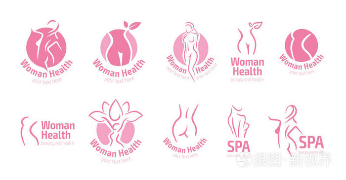 女性健身标志图标.运动, 健康, 水疗, 瑜伽, 美容矢量标志.