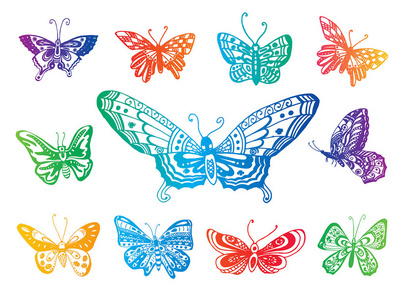 向量蝴蝶例证的手绘剪影在白色背景