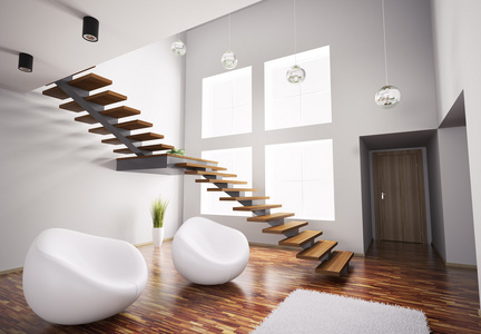 现代室内与白色扶手椅和楼梯 3d