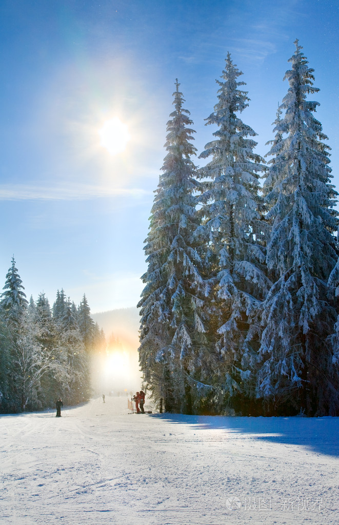 雪尘炫照耀着冬季滑雪坡