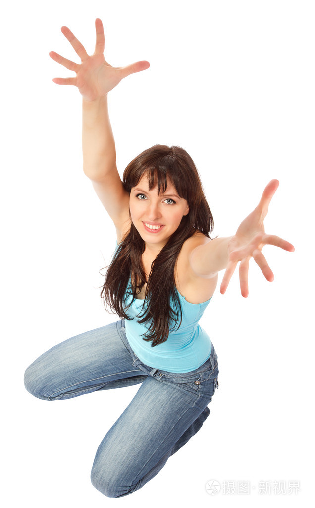 美丽的女人显示举起手来