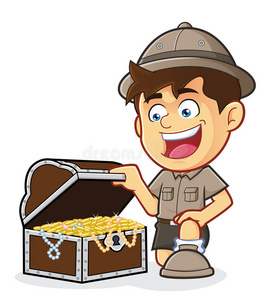 童子军或探险家男孩带着宝箱卡通小童子军与剑旗复古骑士十字军内蒙