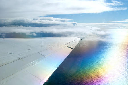 天空中在云层上飞行的飞机的机翼