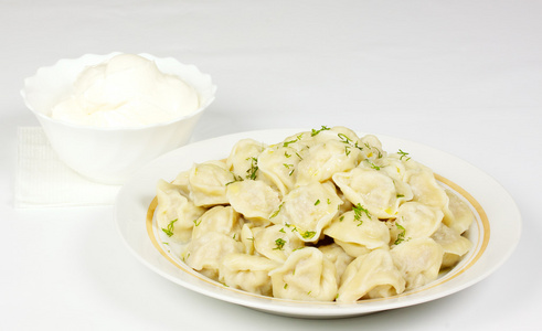 碗与传统俄罗斯菜pelmeni