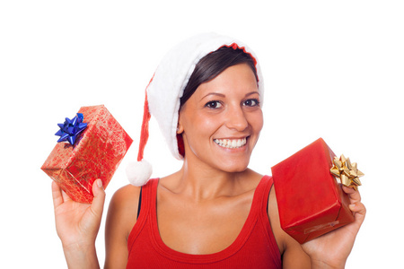 的女人与圣诞老人帽子和圣诞礼物